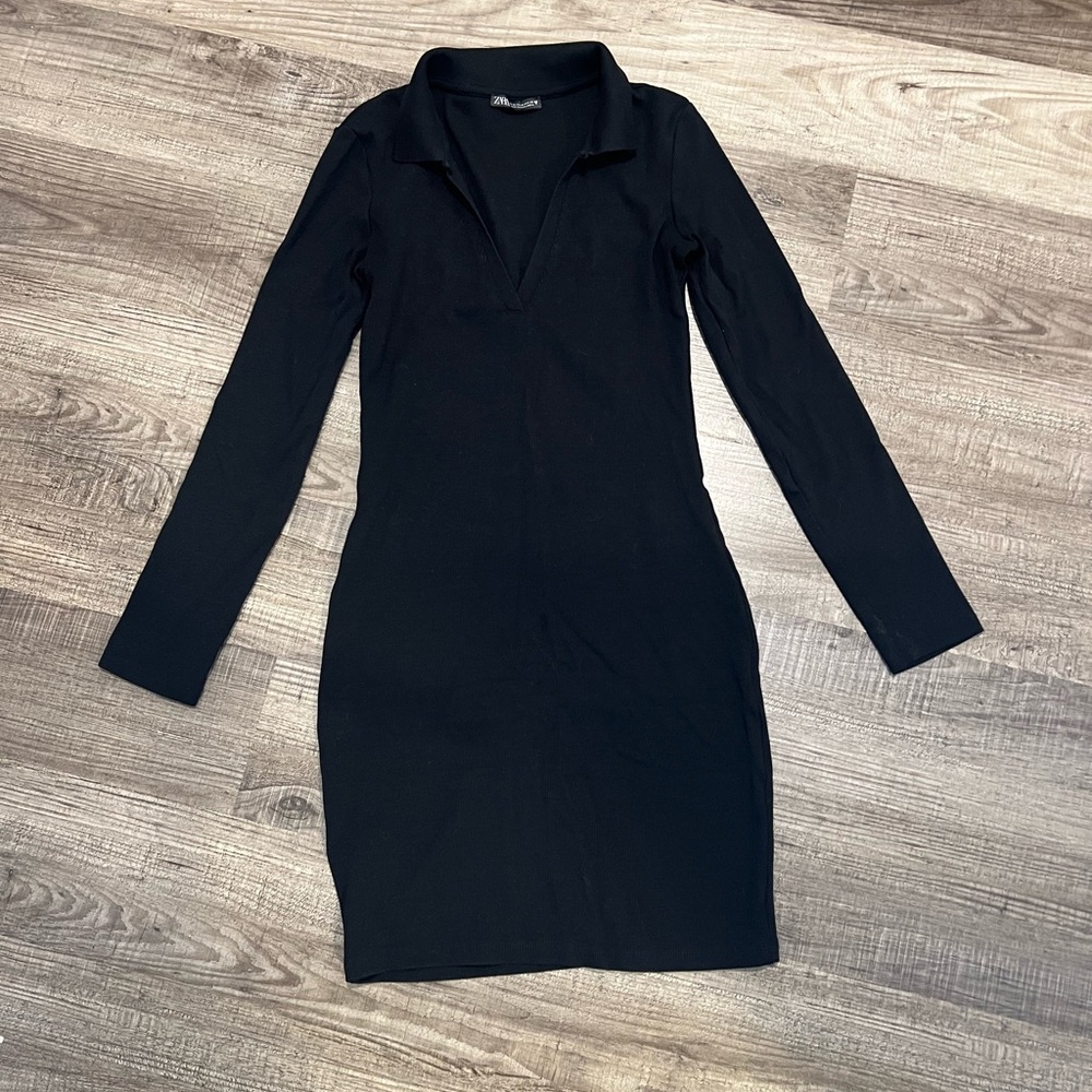 Zara Black Sheath Dress with Notched Collar